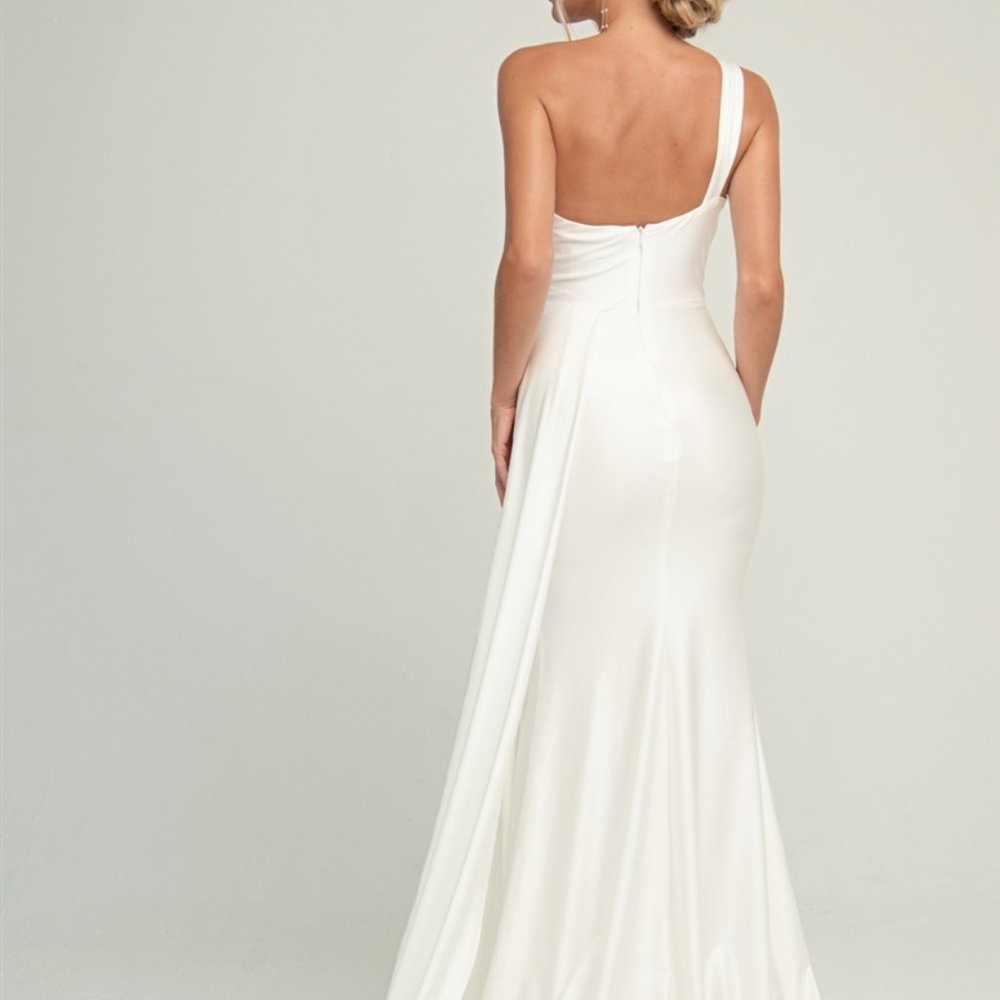 One Shoulder Fitted Formal Evening Party Wedding Satin Prom Long Dress AC387 - Picture 3 of 6